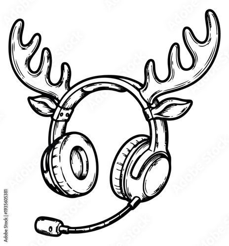 Hand drawn line art illustration of a gaming headset with reindeer antlers depicting a festive atmosphere for Christmas holidays