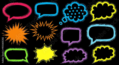 Colorful Comic Speech Bubbles and Explosion Effects on Black Background.
