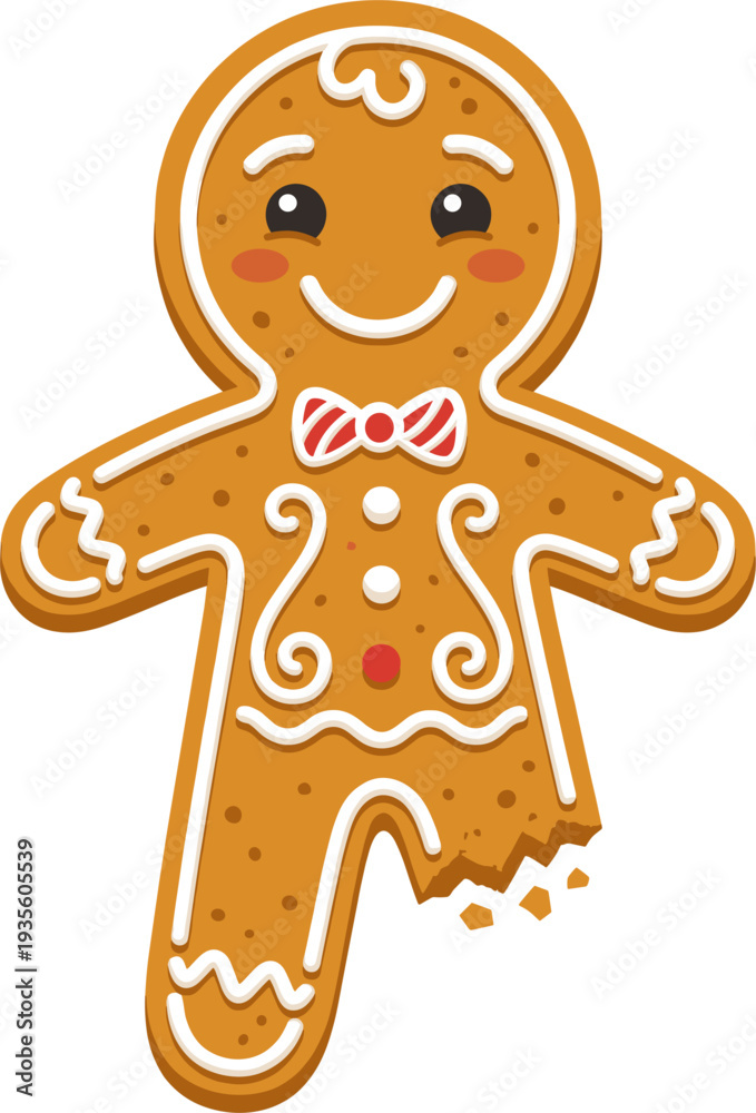 Obraz premium Cute Gingerbread Man Cookie With Red Bow Tie And Bite Mark On Leg