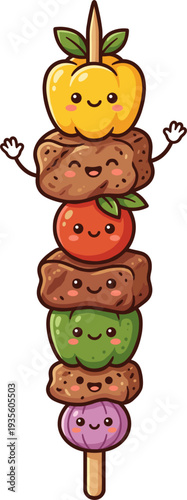 Cute Food Skewer With Meat Vegetables And Purple Ingredient kawaii style