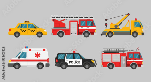 Emergency Vehicles Set Including Ambulance Fire Truck and Police Car.