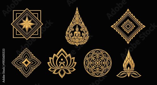 Collection of intricate golden mandalas and sacred symbols on black background.