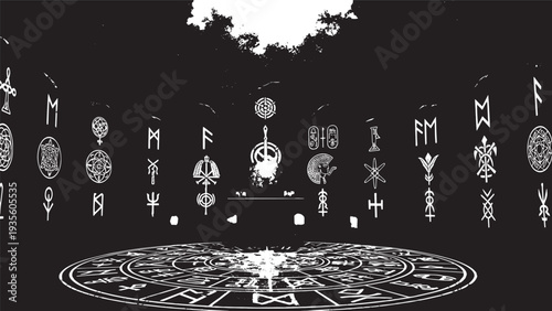Dimly lit ritual ceremony inside a circular geometric altar surrounded by mystical symbols and banners.