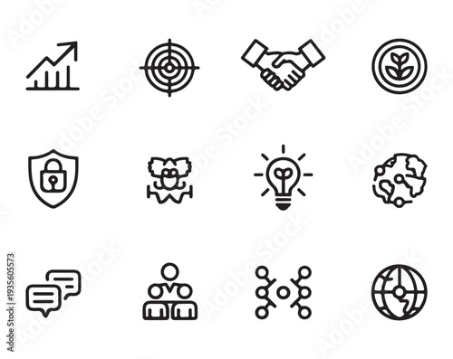 Outline icons for business strategy communication and global connections and achievements