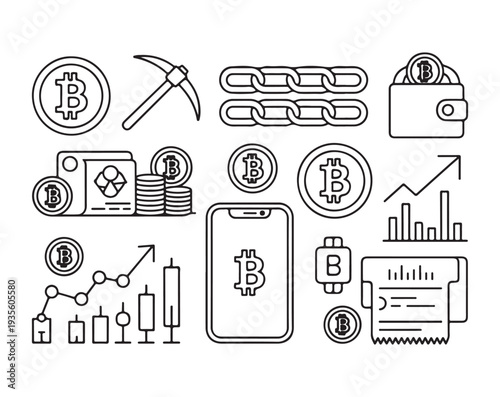 Set of bitcoin and cryptocurrency related line icons, including mining tools, wallets, and charts