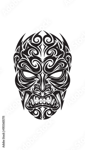 Intricate black and white tribal mask design featuring bold patterns and cultural motifs.