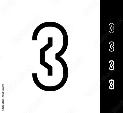 Number 3, digital numeral three, including set of four different set narrow numbers, vector illustration 10EPS