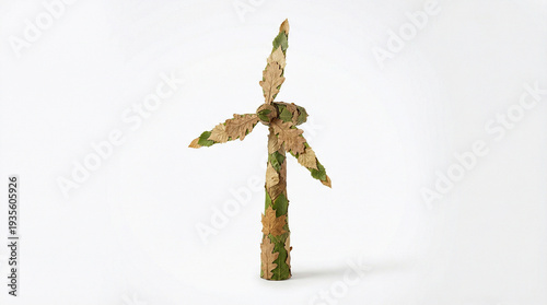 Wind turbine made from dried autumn leaves isolated on clean background representing sustainable energy and ecological design