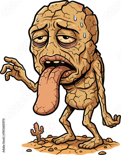 Extremely Thirsty Creature In Desert Landscape Dry Cracked Skin Tongue Out Sweating Heavily