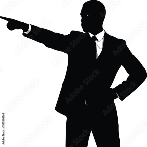 Leadership Silhouette: A commanding silhouette of a business leader, arm outstretched, making a decisive point. Represents direction, authority, and confidence.