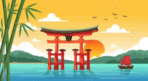 Serene Japanese Torii Gate at Sunset with Traditional Boat.