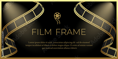 Luxury film frame with golden film strips on black background and spotlights. Movie film premiere banner. Vector illustration