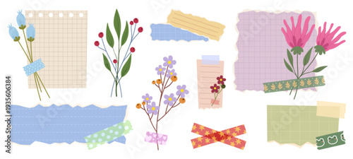 Cute floral notes with washi tape and flower stickers for planner pages, cartoon vector illustrations. Vintage journal templates, and decorative paper designs for spring organizing projects.