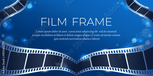 Shiny film frame banner with curved filmstrip and flashing lights on blue background. Vector illustration