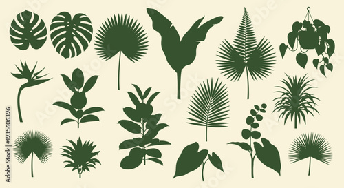 Collection of various tropical leaves and plants silhouettes.