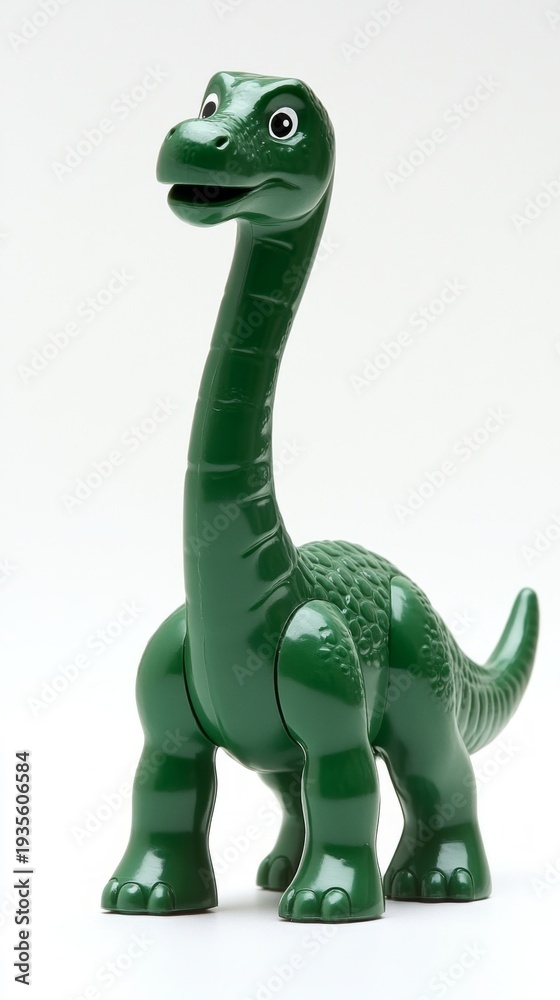 Fototapeta premium A green plastic dinosaur with a friendly smile will be a great addition to a child's room or as a backdrop in a playroom.