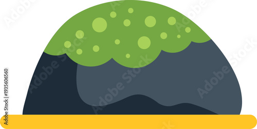 Stylized falafel ball with green topping sitting on a yellow serving line