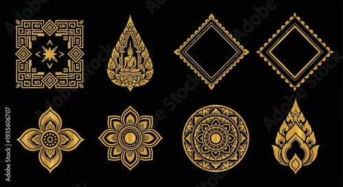 Collection of ornate gold decorative elements on black background.