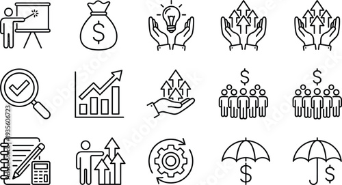 Business finance and growth outline icon set, investment strategy profit management vector illustration, money analytics marketing success collection