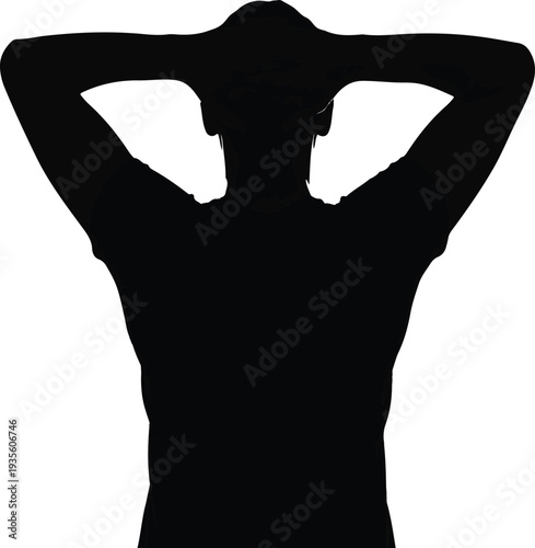 Silhouette of Contemplation: An anonymous person silhouetted against a stark backdrop, lost in thought with hands clasped behind the head. Evoking introspective contemplation.