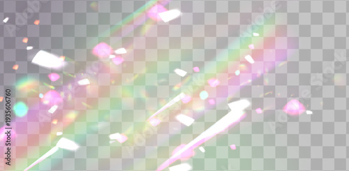 Radiant light flare with rainbow prism effects and crystal reflections on transparent background. Vector realistic brilliant sunlight beams, holographic glass textures with sparkling light overlay.