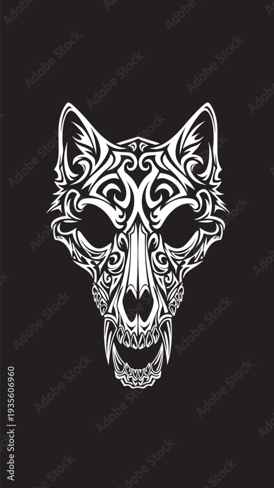 Fototapeta premium Intricate white wolf skull illustration featuring ornamental line art on dark background.