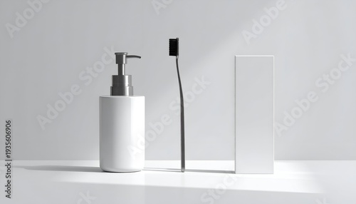 Wallpaper Mural Minimalist bathroom still life featuring a soap dispenser, toothbrush, and box Torontodigital.ca