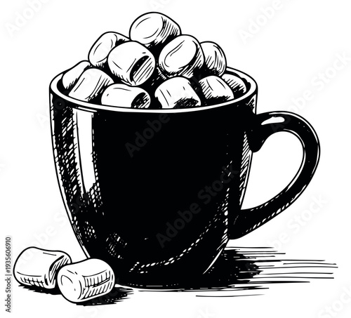 Hand drawn line art illustration of a mug filled with marshmallows depicting a warm winter drink for cafe menus