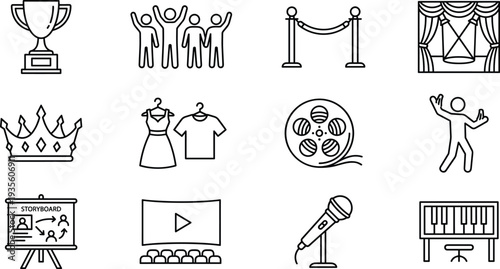 entertainment, showbiz, performance, cinema, theater, music, fashion, award, stage, crowd, film, microphone, piano, storyboard, icon, outline, vector, set, event, creativity
