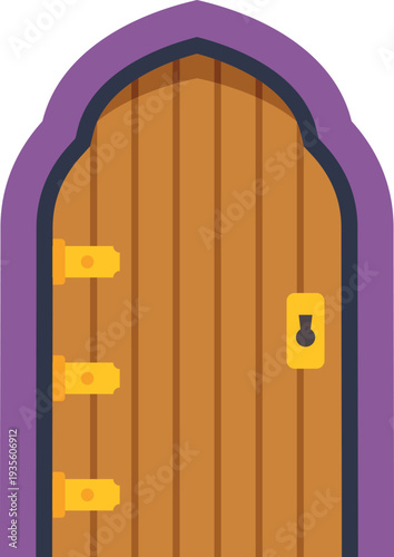 Fairytale door illustration featuring a purple frame, keyhole, and hinges on white background