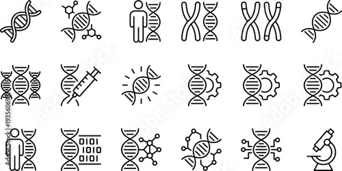 Genetics and DNA research outline icon set, genome biotechnology molecular science vector illustration collection for medical innovation