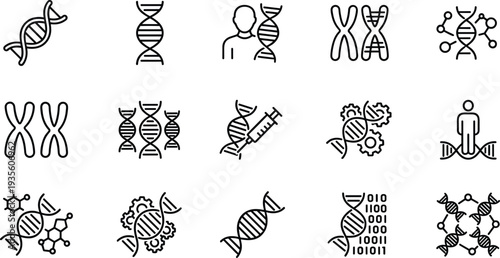 genetics, dna, genome, chromosome, biotechnology, science, laboratory, gene, biology, research, molecular, medicine, engineering, helix, therapy, icon, outline, vector, set, biotechnology