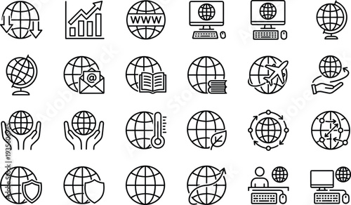 Global business and internet outline icon set, world globe network communication technology vector illustration, digital data analytics collection