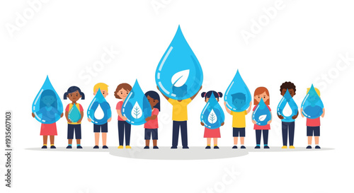 Set of 10 diverse people holding water droplets vector