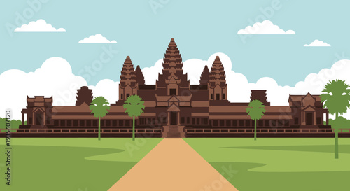 Angkor Wat temple complex in Cambodia, ancient Khmer architecture, vector illustration.