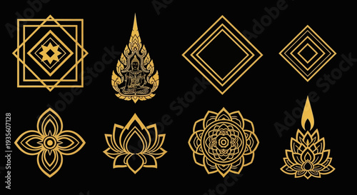 Collection of golden sacred symbols and lotus flowers on black background.