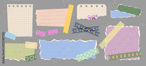 Cute school paper notes set isolated on background. Vector cartoon illustration of ripped notebook sheets with uneven edges attached to surface with washi tape, girly planner, diary page collage
