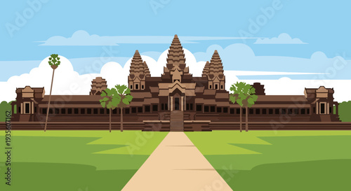 Ancient Khmer Temple Complex Vector Illustration.
