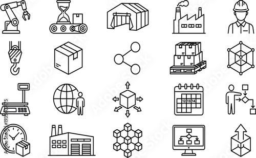 logistics, supply, chain, warehouse, factory, automation, production, distribution, delivery, packaging, industry, inventory, management, shipping, technology, outline, vector, icon, set, logistics