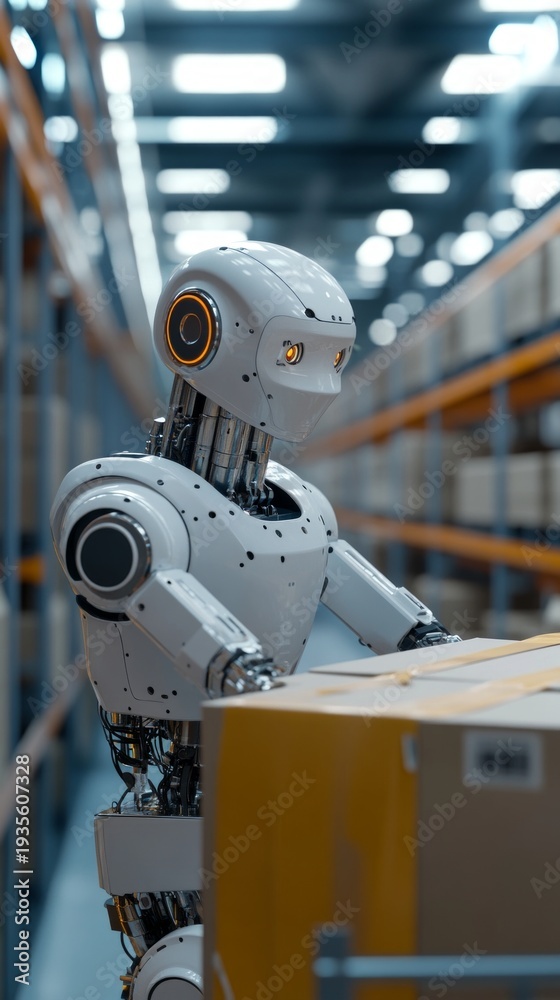 Fototapeta premium A futuristic robot with human features carefully moves a box in a warehouse, demonstrating logistics automation, which will highlight technological progress as the main backdrop 