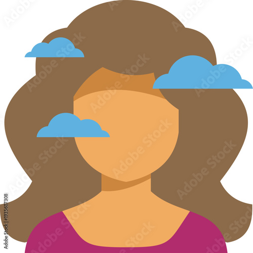 Woman's head with clouds obscuring her face, illustrating confusion or mental fog