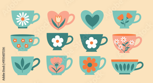 Collection of colorful teacups with various floral patterns and designs.