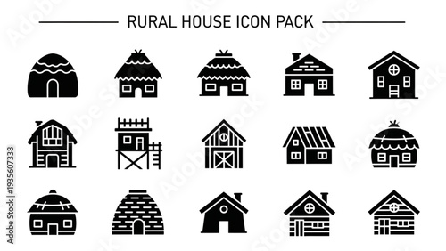 Collection of rural house icons in various architectural styles