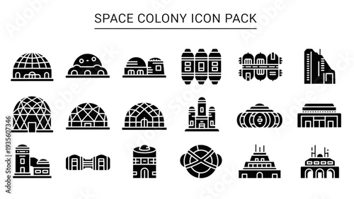 Futuristic Space Colony Icons Set on White Background from Various Viewpoints