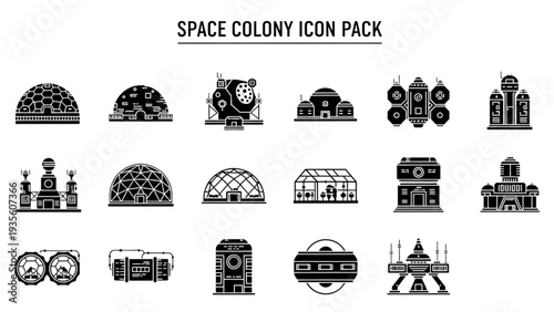 Space colony icons set on white background showcasing various futuristic structures