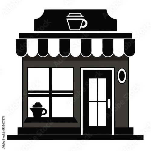 Isolated black and white stylized coffee shop icon displays a welcoming window and door