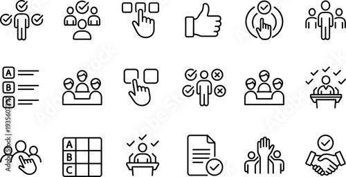 user selection voting icons, survey questionnaire checklist symbols, team decision making feedback evaluation, business approval process vector line set