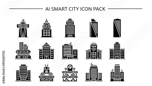 Cityscape Icons Featuring Modern Architecture and Skyscrapers