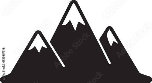 Black silhouette of three mountain peaks with snow capped tips isolated on transparent background
