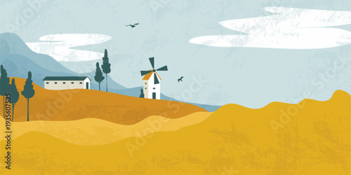 Autumn landscape with golden fields and rolling hills under blue sky with white clouds and flying birds. Fall countryside scene with harvested wheat meadows, distant mountains and windmill building